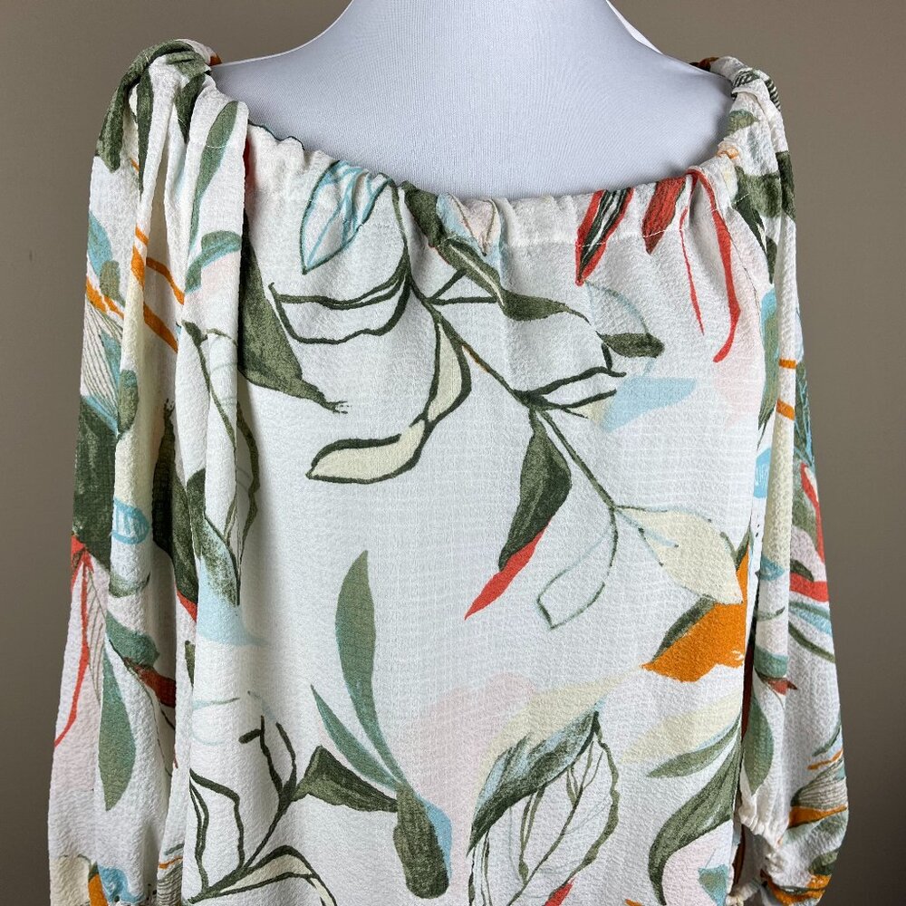 A New Day 3/4 Sleeve Blouse Size L Cream Green Multi-color Tropical Floral